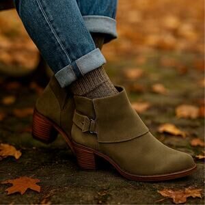 Alice+Olivia 8.5 Suede Caden Ankle Boots Gold Buckle Bootie Low Heel Olive Green